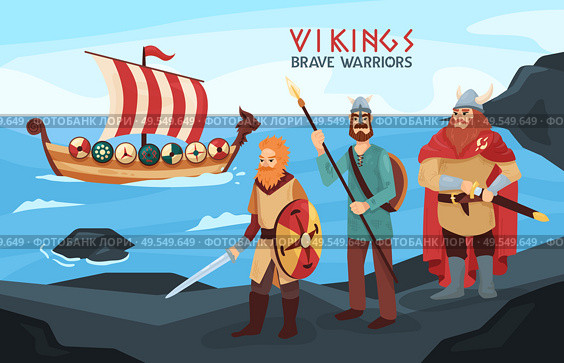 Armed viking brave warriors seafarers on black rocks seashore with raid ready longship on background vector illustration. Viking Longship Flat Illustration. Стоковая иллюстрация, агентство Ingram Publishing / Фотобанк Лори
