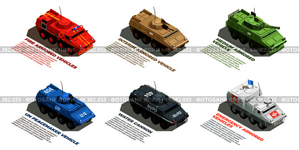 Army military armored vehicles with description isometric images collection with fire emergency and water cannon vector illustration  . Army Military Vehicles Isometric Set . Стоковая иллюстрация, агентство Ingram Publishing / Фотобанк Лори