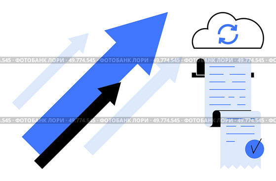 Arrows point upward suggesting growth alongside a cloud symbol with synchronization sign indicating cloud syncing of financial data. Ideal for business, finance, technology, growth, cloud services. Concept of Business Growth and Cloud-Based Synchronization for Financial Data. Стоковая иллюстрация, агентство Ingram Publishing / Фотобанк Лори