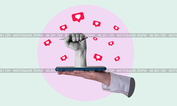 Art collage, contemporary art collage, hand from a phone with a pen. There are hearts flying around on a light background. Стоковое фото, фотограф Григорий Алехин / Фотобанк Лори