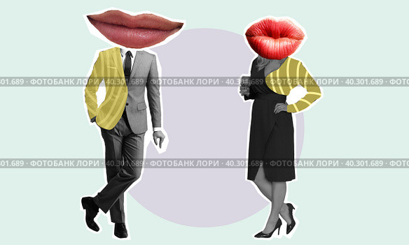 Art collage with a man and a woman in a business suit and a beautiful dress with big lips on a light coloured background. Стоковое фото, фотограф Григорий Алехин / Фотобанк Лори