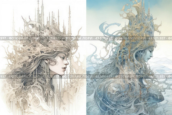 Art Nouveau style illustration divided into two parts, each depicting the profile of a woman. The left side is made in warm beige tones, the right - in cool blue shades. Both women are surrounded by complex patterns and structures reminiscent of architectural elements and natural forms. The women's hair intertwines with these elements, creating a feeling of unity with the environment. Their faces express calmness and thoughtfulness. The painting conveys a sense of harmony and beauty, ideal for use in decorative and artistic projects. Стоковое AI-изображение, AI-художник Анна Кривицкая / Фотобанк Лори