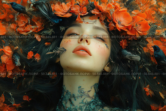 Art portrait of a mysterious girl with closed eyes, immersed in the atmosphere of mysticism and nature. Her dark hair is intertwined with scarlet poppy petals, birds and dry herbs, creating the image of an ancient goddess or forest nymph. The color palette is warm, with an emphasis on the contrast between rich red and deep black. An elegant tattoo or pattern on the neck resembles plant roots. This image symbolizes unity with nature, inner strength and wild beauty. Ideal for themes of magic, nature, femininity and fantasy. Стоковое AI-изображение, AI-художник Анна Кривицкая / Фотобанк Лори