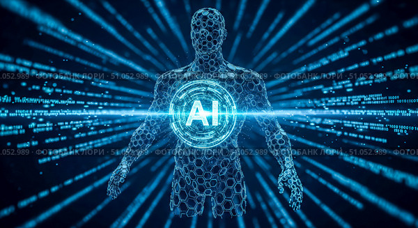 Artificial intelligence concept with digital human body and glowing AI core, futuristic technology theme showing evolution of robotics and machine learning consciousness. Стоковое AI-изображение, AI-художник Павел Муравьев / Фотобанк Лори