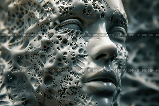 Artificial intelligence face transforming and melting into digital data stream. Стоковое AI-изображение, AI-художник Иван Рябоконь / Фотобанк Лори