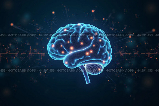 Artificial intelligence is presented as an abstract illustration of a model on a blue background symbolizing future technologies and transmitting data in the form of bytes and files. Стоковое AI-изображение, AI-художник Сергей Краснощеков / Фотобанк Лори