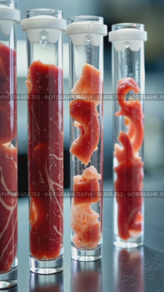 Artificial meat is produced in the laboratory. Analysis of the composition of meat and test tubes with pieces of beef. Technology of growing food products from chicken and pork fiber. Стоковое AI-видео, аниматор Sergey Grishin / Фотобанк Лори