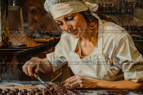 Artisan chocolatier handcrafting gourmet treats. Стоковое AI-изображение, AI-художник Иван Рябоконь / Фотобанк Лори