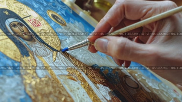 Artist painting religious icon with gold leaf and blue pigment. Стоковое AI-видео, аниматор Юрий Поздников / Фотобанк Лори