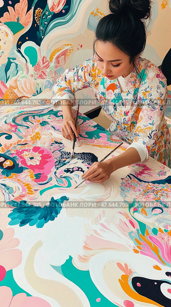 Artistic Creation: A painter immersed in vibrant floral expression on canvas, wielding brush with grace and passion in studio. Стоковое AI-изображение, AI-художник Данила Большаков / Фотобанк Лори