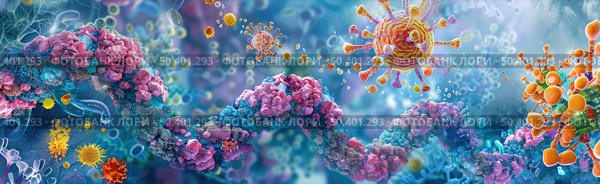 Artistic depiction of microscopic pathogens engaging with cellular defense mechanisms. Стоковое AI-изображение, AI-художник Данила Большаков / Фотобанк Лори