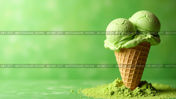 Artistic highresolution photograph of a minimalist ice cream cone with matchaflavored scoops and green powder on a textured gradient background. Стоковое AI-изображение, AI-художник Андрей Бакусов / Фотобанк Лори