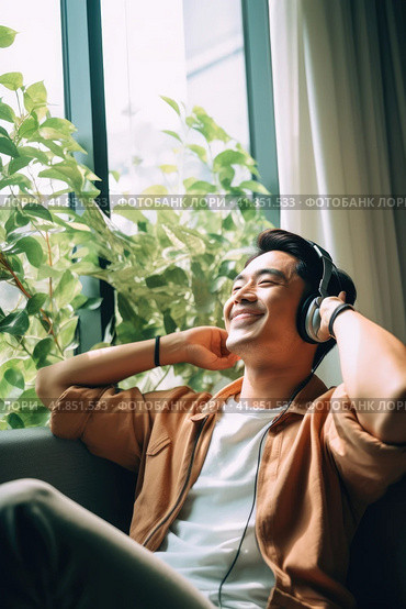 Asian mid adult men sitting near window with green house plants listening to music with headphones. Стоковое AI-изображение, AI-художник Наталья Семкина / Фотобанк Лори