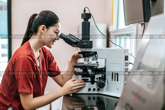 Asian young female farmer looking through a microscope in a laboratory. Modern technologies in agriculture management, agribusiness and research concept. Стоковое фото, агентство Ingram Publishing / Фотобанк Лори