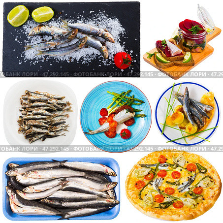 Assorted dishes from small fish - sprat, hamsa, anchovy, sardines. Стоковое фото, фотограф Яков Филимонов / Фотобанк Лори