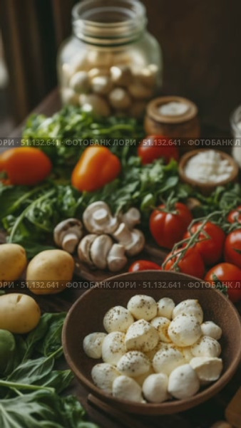 Ассорти из свежих овощей и трав на деревянном столе / Assorted fresh vegetables and herbs arranged on a wooden table. Стоковое AI-видео, аниматор DeFusum / Фотобанк Лори