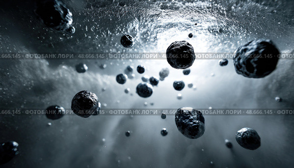 Asteroids falling from space through icy atmosphere creating light rays. Стоковое AI-изображение, AI-художник Юрий Поздников / Фотобанк Лори