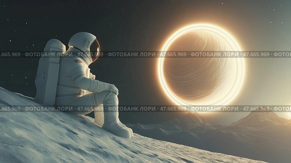 Astronaut gazes at distant sun while sitting on lunar surface during a serene moment in space. Стоковое AI-изображение, AI-художник Михаил Коханчиков / Фотобанк Лори