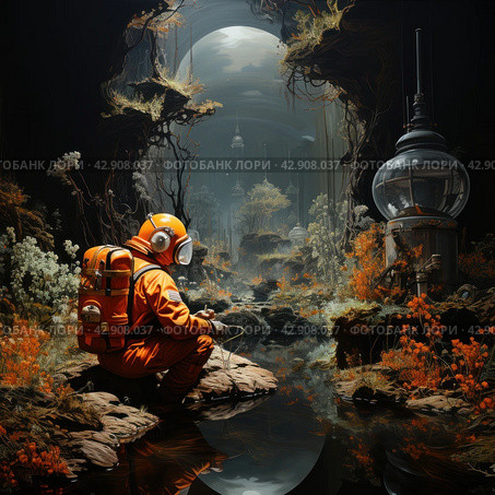 Astronaut in an orange spacesuit sitting on a stone near a pond in a mysterious forest. In the background rises a huge transparent dome, in which vague figures and structures are visible, reminiscent of the insides of an orbital station or biosphere. Around the astronaut there is a forest with exotic vegetation and strange creatures, creating the feeling of an alien world. Стоковое AI-изображение, AI-художник Анна Кривицкая / Фотобанк Лори