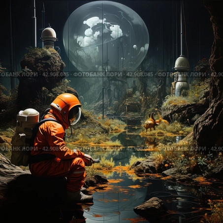 Astronaut in an orange spacesuit sitting on a stone near a pond in a mysterious forest. In the background rises a huge transparent dome, in which vague figures and structures are visible, reminiscent of the insides of an orbital station or biosphere. Around the astronaut there is a forest with exotic vegetation and strange creatures, creating the feeling of an alien world. Стоковое AI-изображение, AI-художник Анна Кривицкая / Фотобанк Лори