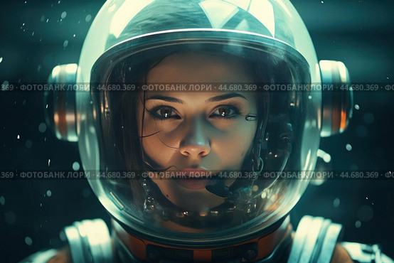 Astronaut woman portrait in helmet. Стоковое AI-изображение, AI-художник Иван Рябоконь / Фотобанк Лори