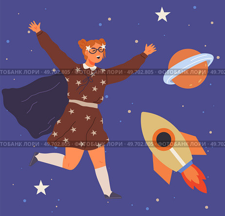 Astronaut woman with jet backpack flying among planets and rockets. Lady dressed as spaceman dreams about space. Girl with self made jetpack flying to sky. Person in costume of space explorer. Astronaut woman with jet backpack flying among planets. Lady dressed as spaceman dreams about space. Стоковая иллюстрация, агентство Ingram Publishing / Фотобанк Лори