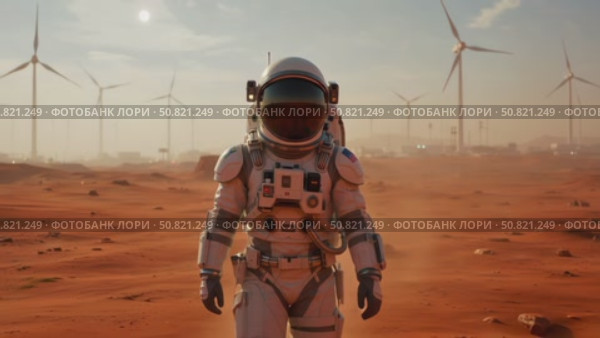 Астронавт на марсианской поверхности среди ветряков. Стоковое AI-видео, аниматор Виктория Кольцова / Фотобанк Лори