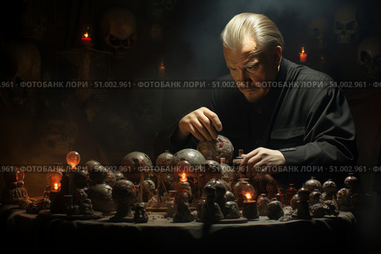 Atmospheric art with elements of dark fantasy: an elderly man with platinum hair in black clothes works at a table covered with mystical artifacts. On the table are skulls, flasks with red light, mysterious spheres. Around - twilight, candles, symbols of death. The composition evokes associations with alchemy, necromancy and magic. Ideal for the design of fantasy projects, games, book covers, concept art and posters. Стоковое AI-изображение, AI-художник Анна Кривицкая / Фотобанк Лори