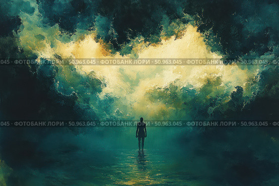 Atmospheric digital painting in the genre of surrealism. A lonely human figure stands in the water, rushing into the light breaking through thick clouds. Deep shades of green, blue and gold create the effect of mysticism, loneliness and an inner journey. Ideal for book covers, music albums, posters and philosophical publications. Стоковое AI-изображение, AI-художник Анна Кривицкая / Фотобанк Лори