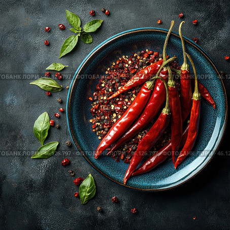 Atmospheric gastronomic photography featuring bright red hot chili peppers laid out on a dark blue plate. Ground and dried pepper pieces, as well as fresh green leaves, are scattered around the plate, creating an effective contrast against the dark background. The photo conveys a sense of piquancy, rich taste and oriental cuisine. The texture of the pepper is shiny, which emphasizes its freshness and spicy nature. The composition is made in the style of food photography with a play of light and shadow. Стоковое AI-изображение, AI-художник Анна Кривицкая / Фотобанк Лори