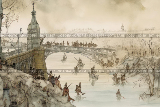 Atmospheric historical illustration in soft tones, depicting a crowded bridge over a river in an ancient city. In the foreground are people on the bank and in boats, along the slopes are figures in long cloaks. The architecture of the bridge is done in the Gothic style, the scene conveys the spirit of an ancient European city and a sense of movement - travel, trade, life on the ferry. Ideal for book design, historical publications, board games, fantasy covers and educational projects. Стоковое AI-изображение, AI-художник Анна Кривицкая / Фотобанк Лори