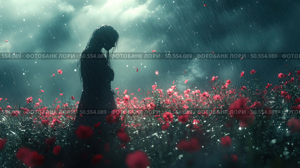 Atmospheric scene with a silhouette of a girl standing in the middle of a scarlet flowering field under pouring rain. The dark sky with thunderclouds creates a contrast with the bright petals, enhancing the drama and emotion of the frame. Light breaks through the clouds, reflecting in the raindrops and enhancing the effect of loneliness, thoughtfulness and inner struggle. Ideal for themes of emotions, melancholy, nature, art, cinematic aesthetics and visual storytelling. Стоковое AI-изображение, AI-художник Анна Кривицкая / Фотобанк Лори