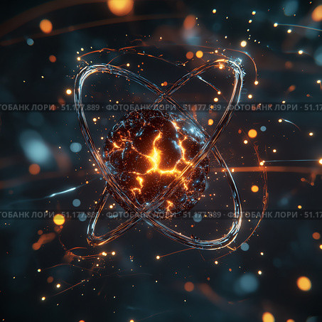 Atom with rotating electrons, energy and matter concept background. Стоковое AI-изображение, AI-художник Михаил Коханчиков / Фотобанк Лори
