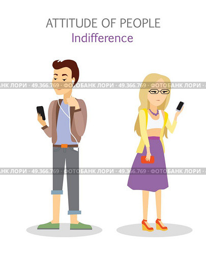 Attitude of People. Indifference. Apathy Teenagers. Attitude of people. Indifference. Apathy teenagers playing on telephone. Phlegmatic temperament. Indifferent man and woman. Serious calm individuality. Focused emotional state. Vector illustration. Стоковая иллюстрация, агентство Ingram Publishing / Фотобанк Лори