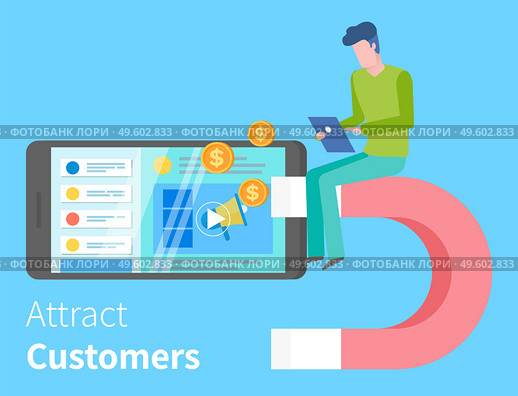 Attracting online customers. Big magnet and man manager with laptop. Customer retention strategy, digital inbound marketing, customer attraction banner. Team work and discussion, project management. Attracting online customers. Big magnet and man manager with laptop. Customer retention strategy. Стоковая иллюстрация, агентство Ingram Publishing / Фотобанк Лори