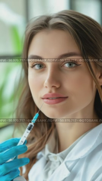 Attractive Woman undergoing cosmetic procedure with syringe in lab coat and glove, filler injection for lip augmentation, beauty treatment. Стоковое AI-видео, аниматор Данила Большаков / Фотобанк Лори