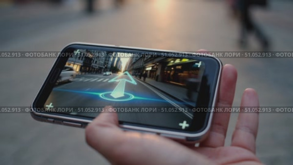 Augmented Reality Navigation: A Closer Look at How Smartphone Displays Guide Users Through City Streets with Enhanced Directional Indicators. Стоковое AI-видео, аниматор Владимир Федоров / Фотобанк Лори