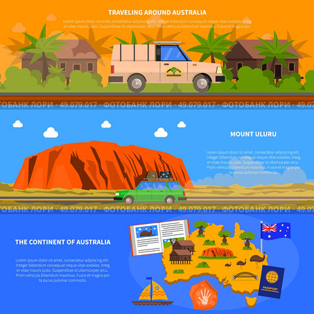 Australia Banners Set. Australia horizontal banners set with continent and traveling symbols flat isolated vector illustration . Стоковая иллюстрация, агентство Ingram Publishing / Фотобанк Лори