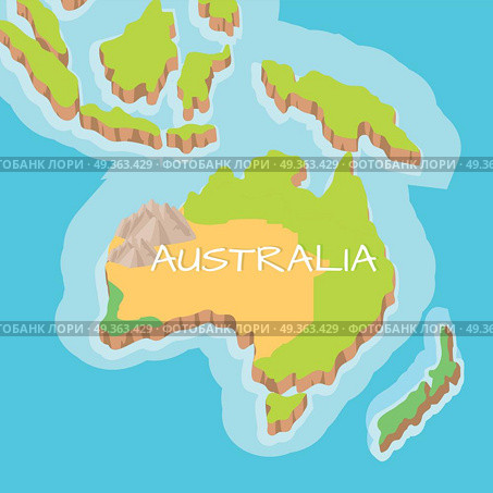 Australia mainland cartoon relief map with mountains, climate zones, oceans, seas and islands flat vector illustration. Topographic, physical atlas. Geographic concept for children s book illustrating. Australia Mainland Vector Cartoon Relief Map  . Australia Mainland Vector Cartoon Relief Map  . Стоковая иллюстрация, агентство Ingram Publishing / Фотобанк Лори