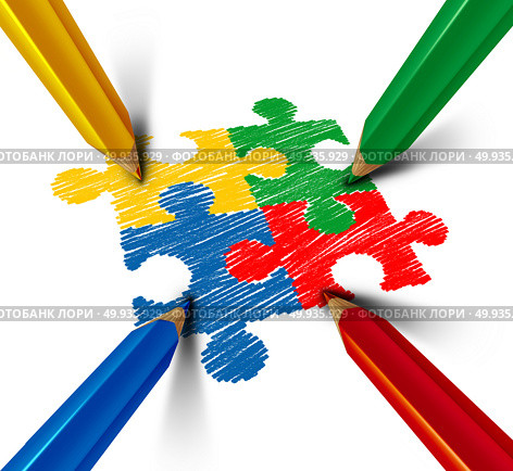 Autism awareness developmental disorder puzzle children symbol as an autistic symbol as jigsaw pieces being drawn with color pencil as a 3D illustration.. Autism Awareness. Стоковое фото, агентство Ingram Publishing / Фотобанк Лори