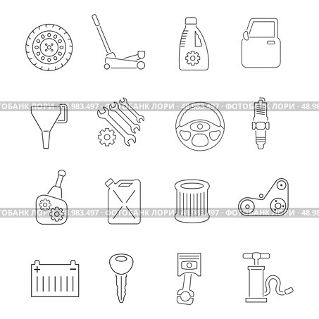 Auto service car maintenance and tuning outline icons set isolated vector illustration. Auto Service Icons Set. Стоковая иллюстрация, агентство Ingram Publishing / Фотобанк Лори