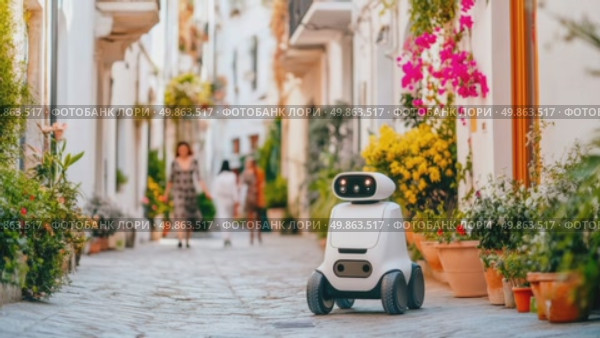 Autonomous robot guides or delivers through a quaint, floral Mediterranean town. Стоковое AI-видео, аниматор Данила Большаков / Фотобанк Лори