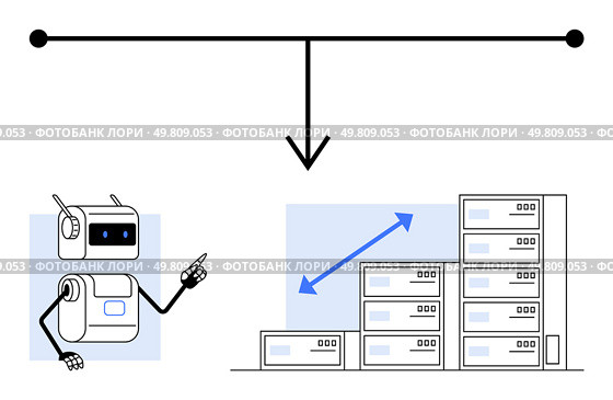Autonomous robot interacting with server stacks and growth arrow. Black horizontal line with arrow points to robot. Ideal for technology, automation, AI, progress, data, innovation, growth. Line. Autonomous Robot with Server Stack Progression Indicating Technological Advancement. Стоковая иллюстрация, агентство Ingram Publishing / Фотобанк Лори