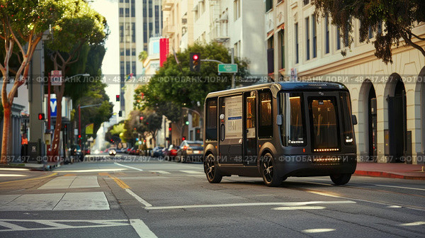 Autonomous Shuttle Driving on City Street. Стоковое AI-изображение, AI-художник Данила Большаков / Фотобанк Лори