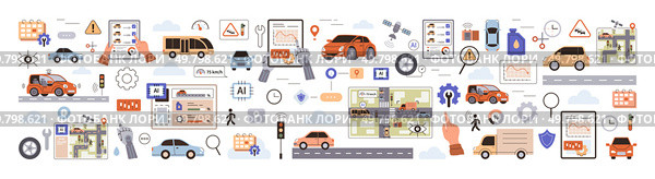 Autonomous vehicles, traffic management, predictive maintenance. Cars, buses. Ideal for smart vehicle technology, digital connectivity, automation, innovation, AI integration data analysis. Smart Vehicle Technology with Infographics and Digital Connectivity for the Future of Transportation. Стоковая иллюстрация, агентство Ingram Publishing / Фотобанк Лори