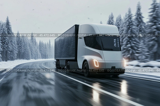 Autopilot smart self drive truck ride delivering goods scanning road covered in snow with artificial sensor information of road conditions and traffic. Transportation of goods over long distances. Стоковое AI-изображение, AI-художник Sergey Grishin / Фотобанк Лори