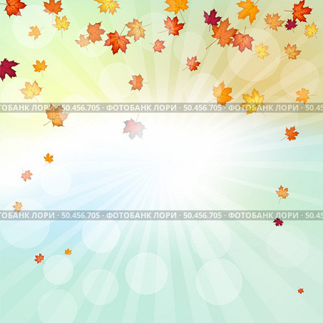 Autumn frame with blowing maple leaves over fall vanilla sky background with sunlight rays and glows. Elegant warm autumn leaf design. Vector illustration. Стоковая иллюстрация, агентство Ingram Publishing / Фотобанк Лори