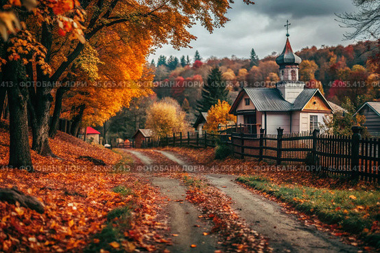 Autumn landscape. A small cozy church in the village. The trees are painted in bright autumn colors. An atmosphere of peace and harmony with nature. Стоковое AI-изображение, AI-художник Photojuli / Фотобанк Лори