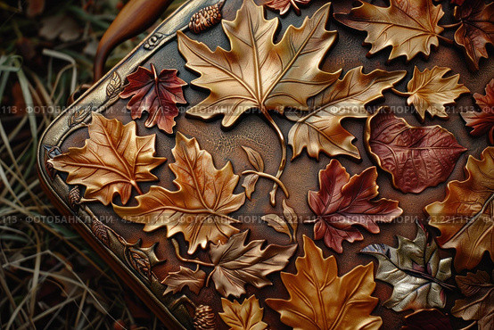 Autumn leaves embossed on leather craftwork. Стоковое AI-изображение, AI-художник Иван Рябоконь / Фотобанк Лори