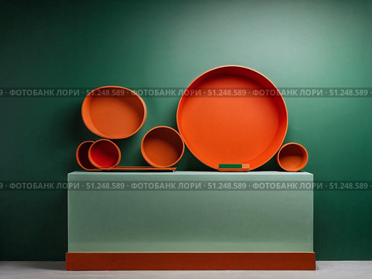 Autumn orange and green circular display with geometric shapes. Стоковое AI-изображение, AI-художник Лариса Пономарева / Фотобанк Лори